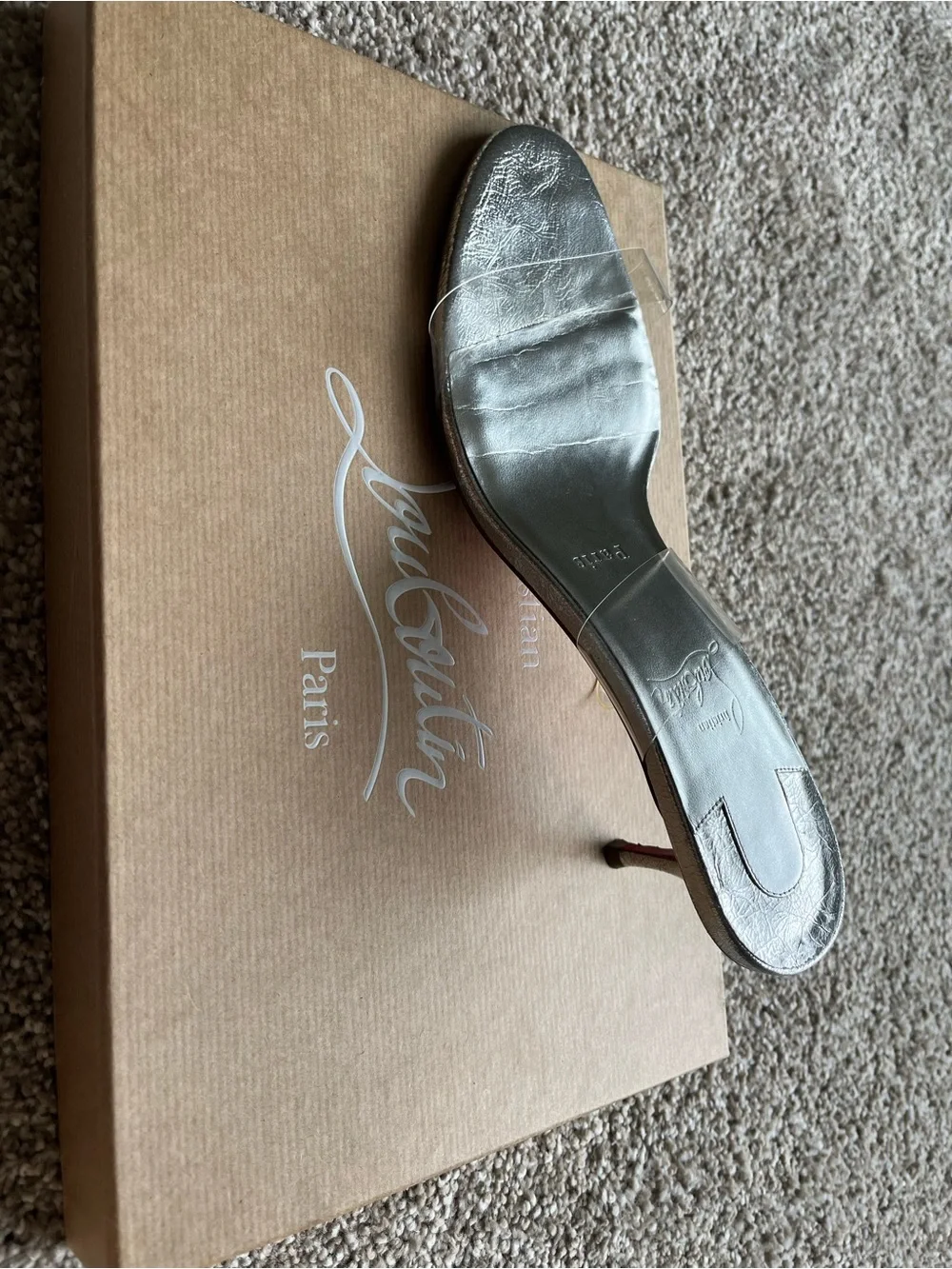 Authentic Christian Louboutin Silver Clear sandal heel